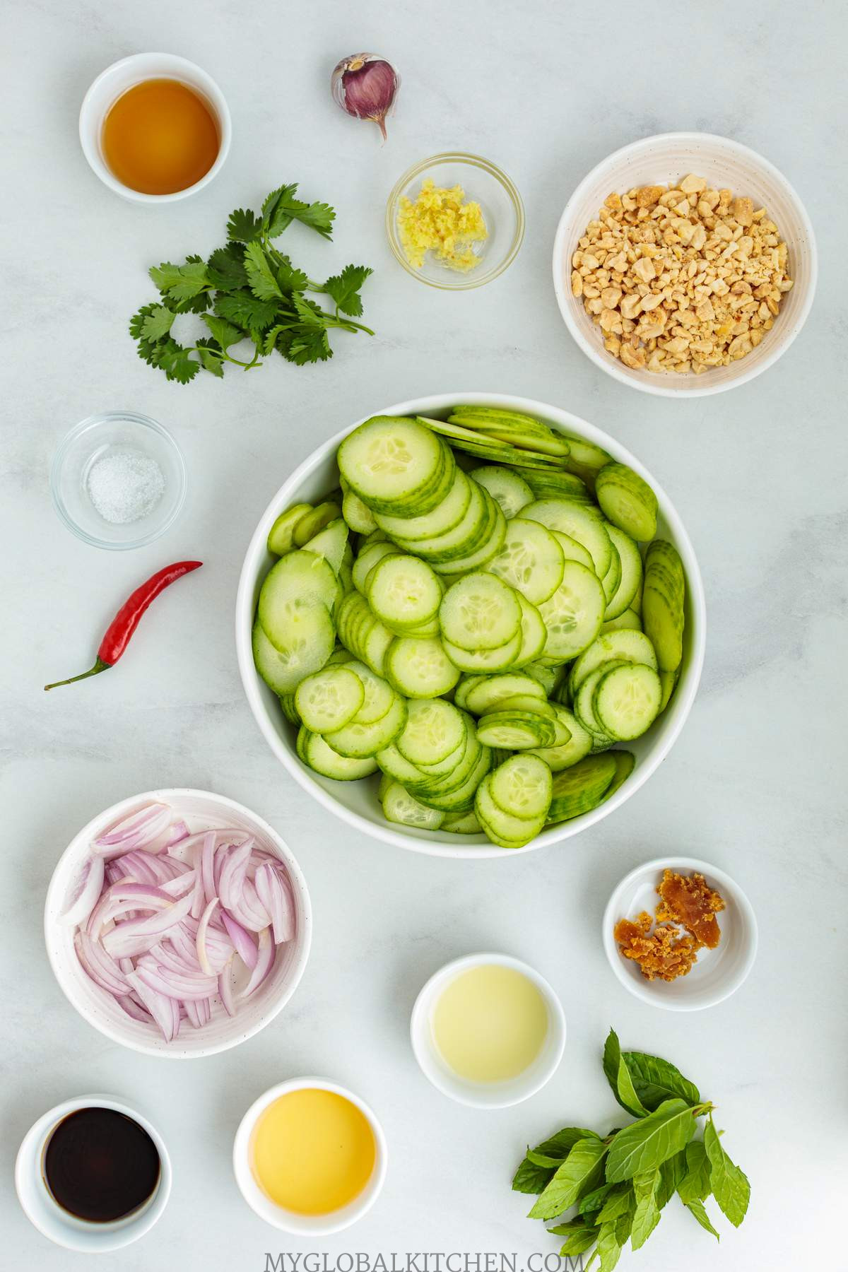 Ingredients for Thai Cucumber Saladon a kitchen counter