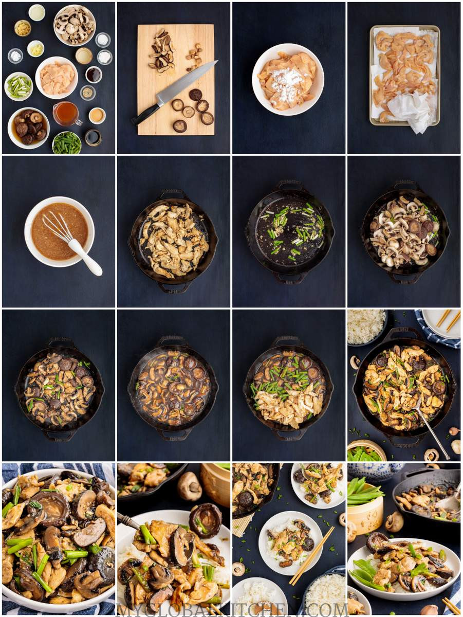 Collage of the step by step preparation process photos for Chinese chicken mushroom stir fry or Moo Goo Gai Pan recipe
