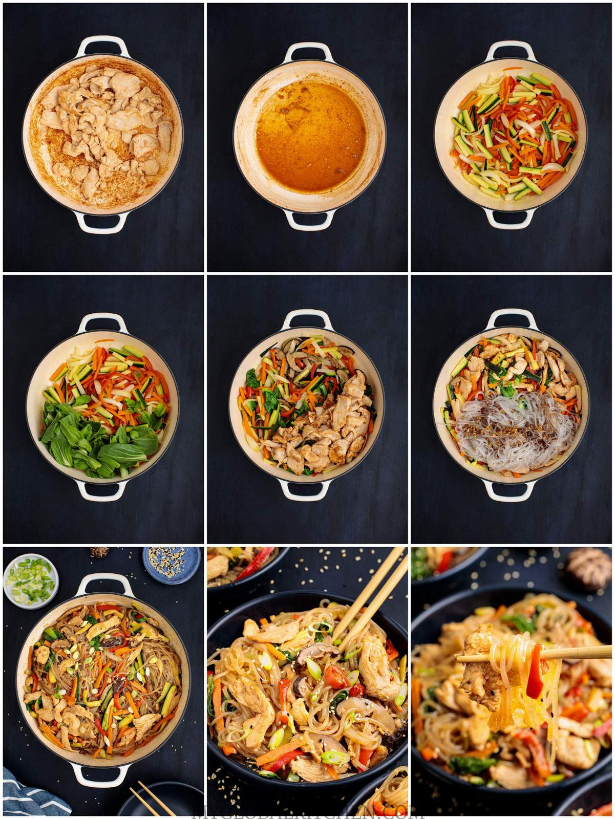 Collage of the step by step preparation process photos for Korean Japchae Glass Noodles with Chicken